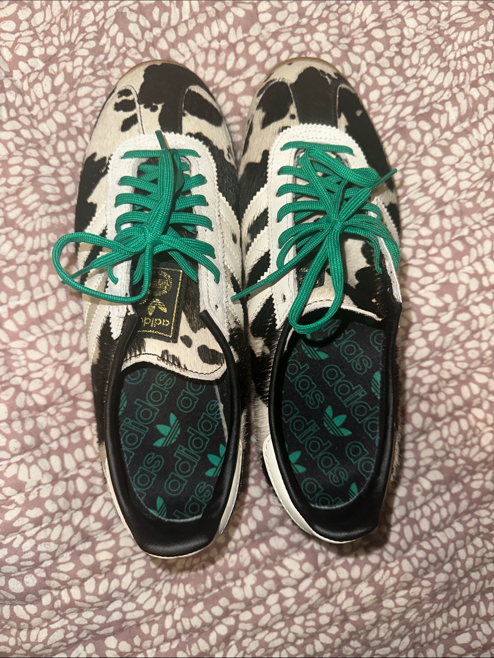 adidas Black and White Cow Print Sneakers with Green Laces WORN ONCE